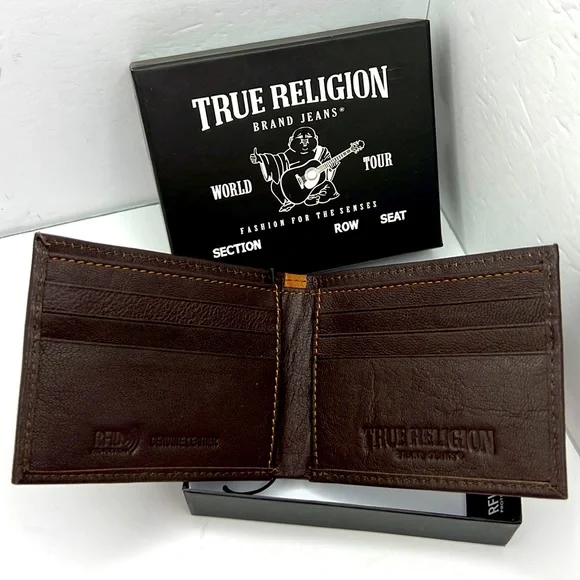 TRUE RELIGION MENS WALLET, ALL LEATHER, BROWN COLOR, WITH RFID PROTECTION - Picture 3 of 14